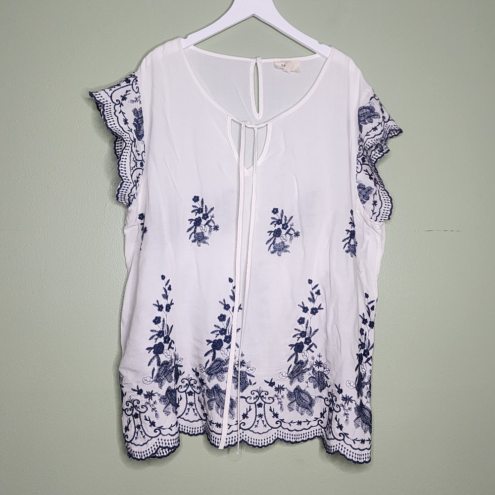 Perch by Blu-Pepper Tunic Blue White Floral Boho Whimsical Fairy Embroidered 3XL - Picture 2 of 7